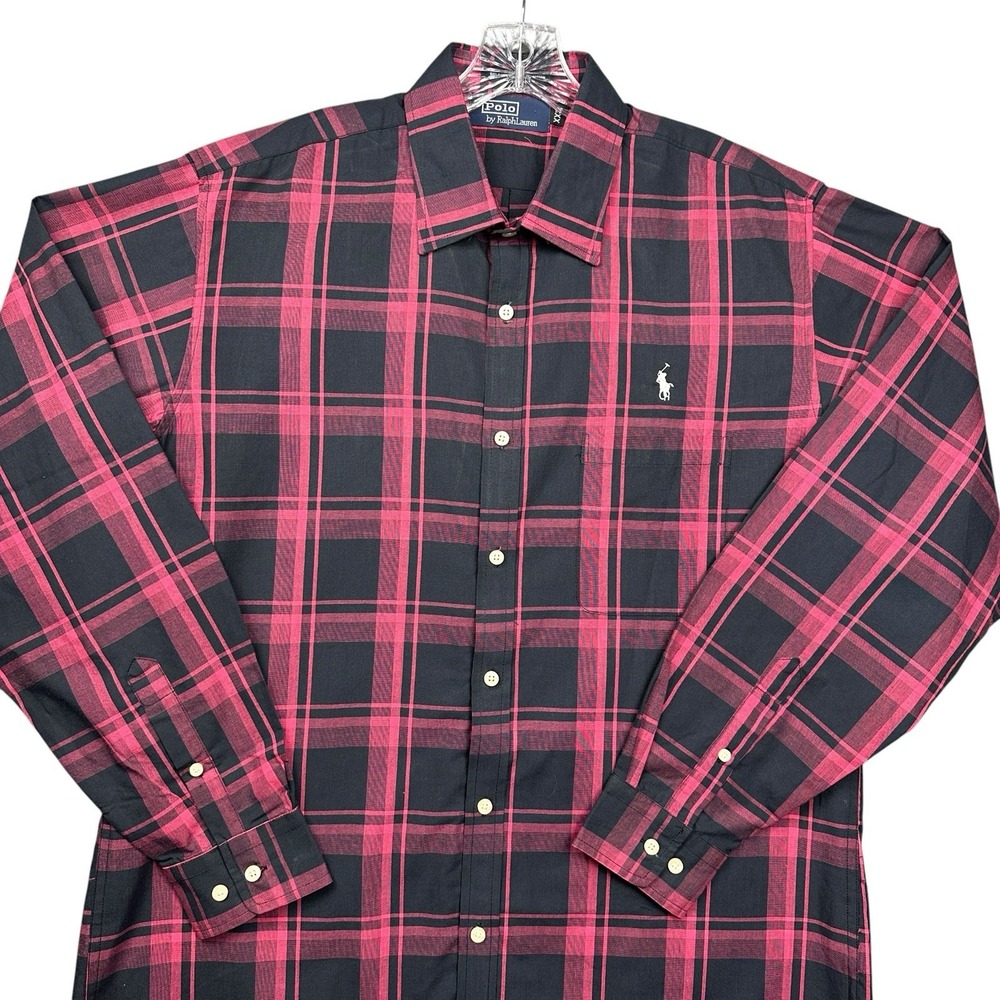 Polo Ralph Lauren Shirt Men's 2XL Pink Black Plaid Long Sleeve Button Down Pony